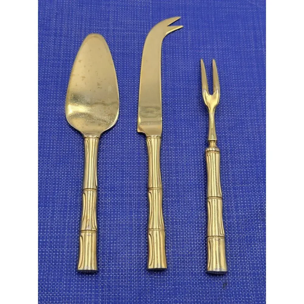 Vtg Gold Cane 3-Piece Cheese Serving Set Gold Electroplate Bamboo Design